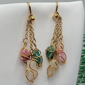 Vintage Avon Clip-On Earrings Gold Tone Pink White Green Accents